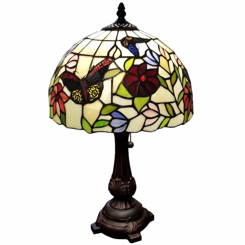 Dark Brown Metal Table Lamp with Multi Stained Glass Shade Pull Chain - 12” x 17” x 19” (D x W x H)