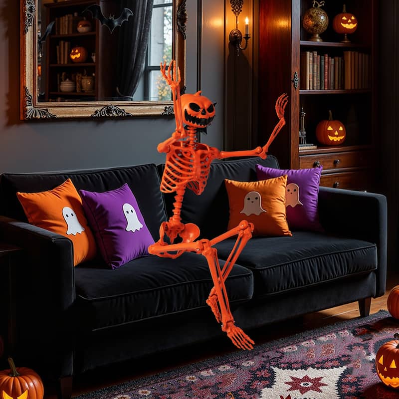 5.2 Ft Life-Size Posable Skeleton Halloween Orange Skeleton Decoration