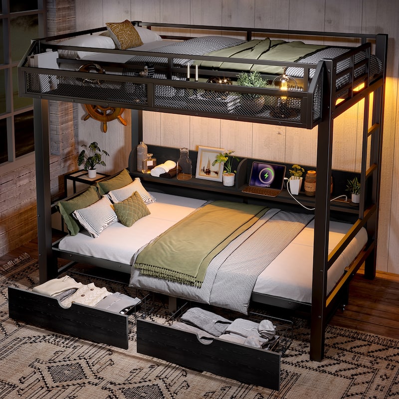 Twin over Twin Bunk Bed with Storage Shelves and Drawers, Multifunctional Metal Bunk Beds with USB Ports and LED Lights