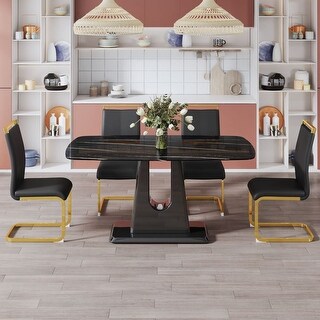 Black imitation marble dining table and chairs with 4 black PU gold ...