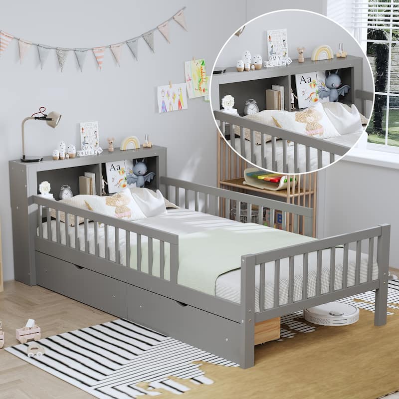 Twin Size Bed with Headboard Storage, Under-Bed Drawers & Safety Guardrails,Gray
