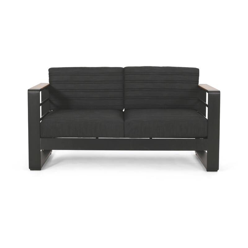 Vinia Loveseat, Outdoor Dark Gray Polyester, Wood Accents, Black, 57 Inch