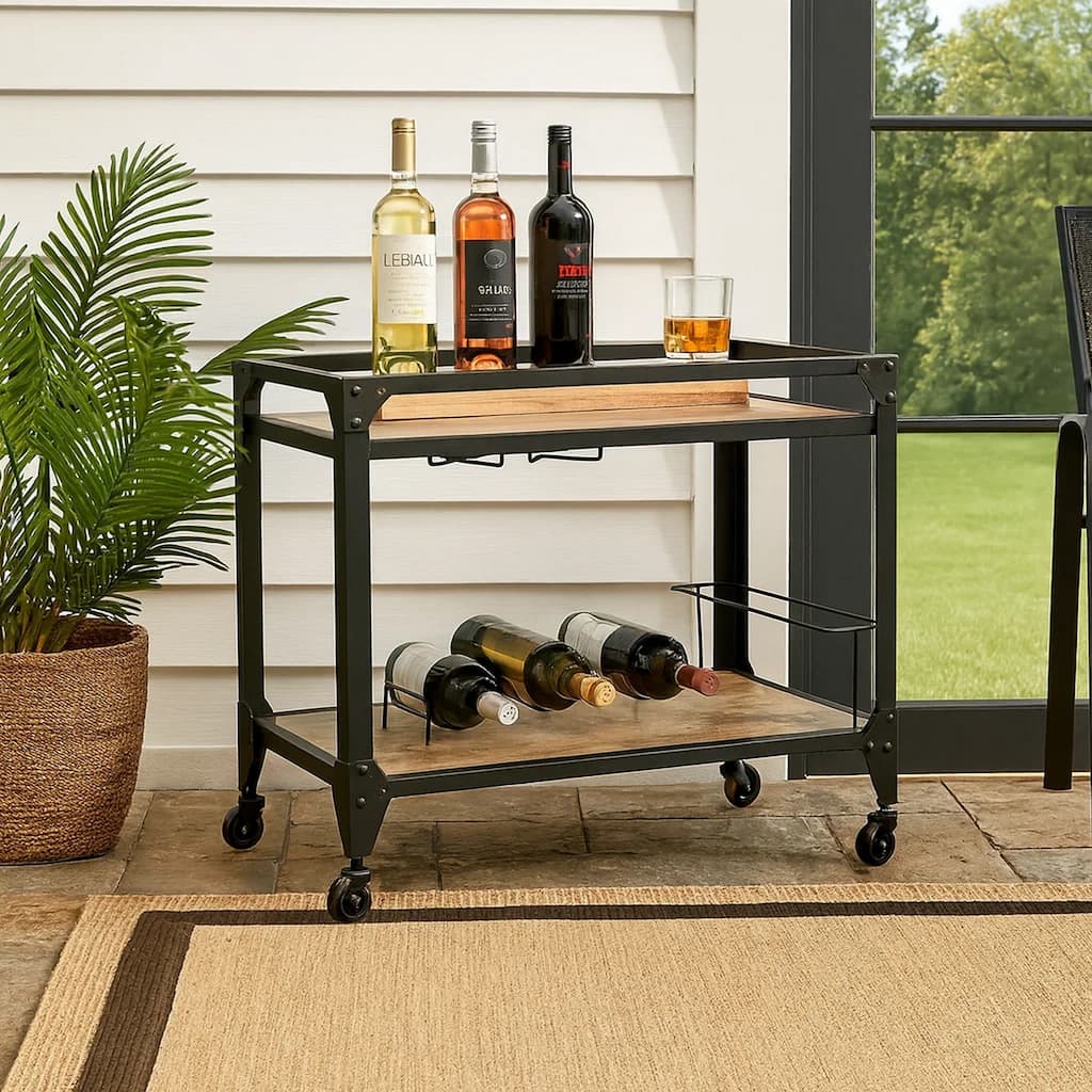 Metal Framed Serving Cart with Wooden Shelves with Wine Bottle Holder, Brown and Gray