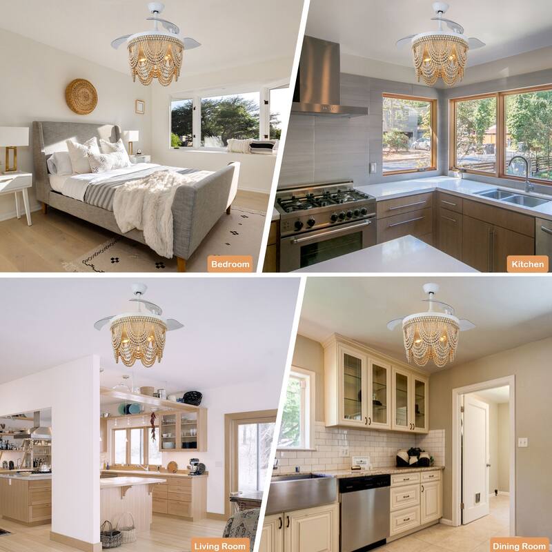 Cusp Barn 42 Inch Boho Retractable Ceiling Fan with Remote, Coastal 6 Speeds Fandelier, Farmhouse Caged Wood Beaded Ceiling Fan