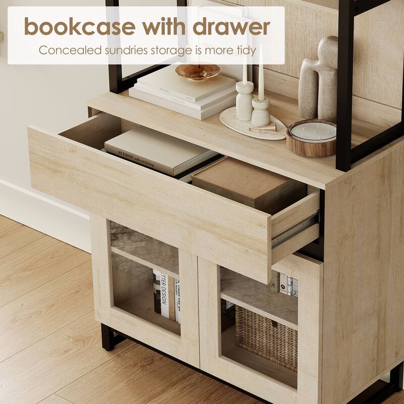 2 PCS Modern 72" Tall Buffet Cabinet with 2 Drawers and Open Shelves, Storage Cabinet for Dining Room or Kitchen