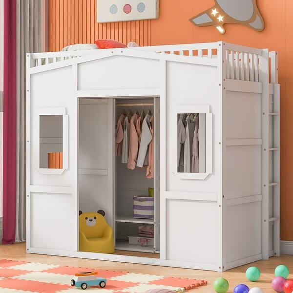 slide 2 of 32, Twin Size Solid Wood House Loft Bed with Ladder & Wardrobe Twin - White
