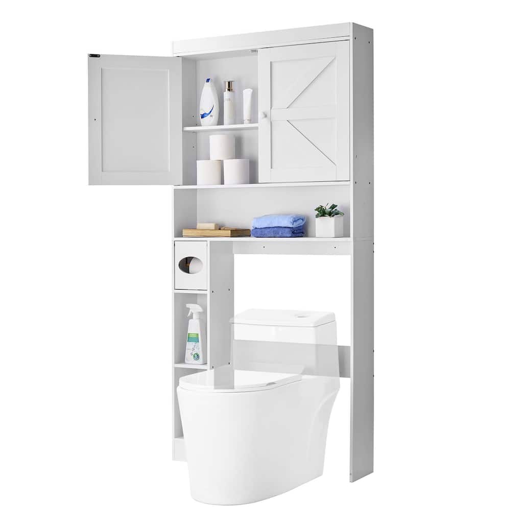 Sofucor Over The Toilet Storage Cabinet with Adjustable Shelves,Bathroom Organizer with Doors and Open Shelving,Space-Saving