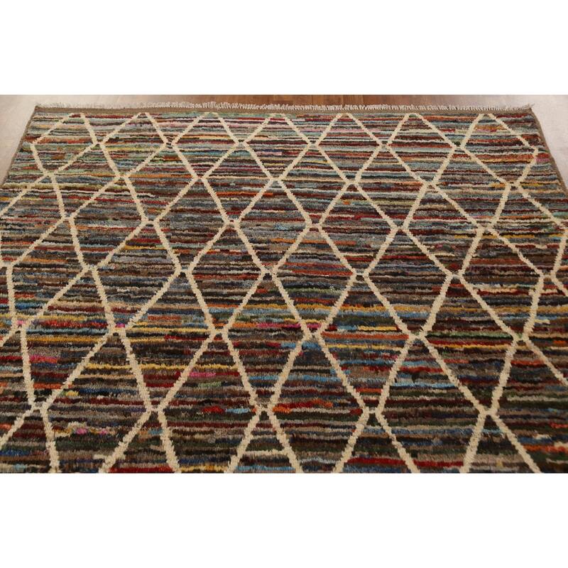 Hand Knotted Oriental 100% Wool Carpet Tribal Trellis Multi-Colored Moroccan Area Rug - 9' 10'' X 6' 5''