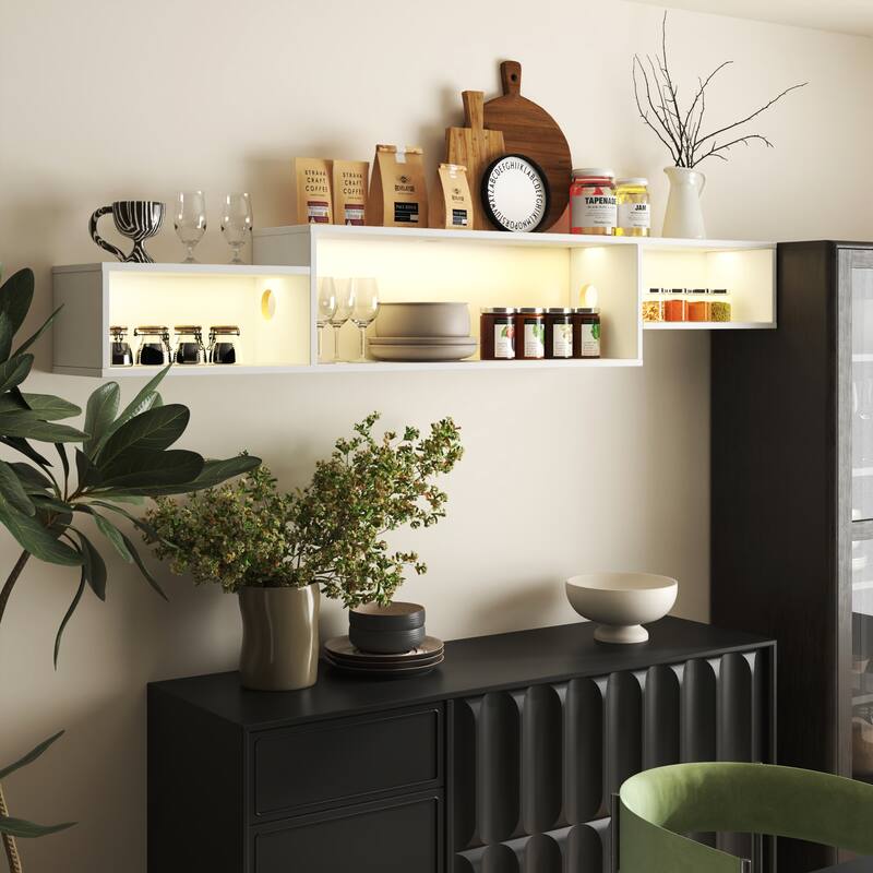 Roomfitters 65" Floating TV Stand, Wall Mounted Entertainment Center with LED Lights and Charging Station - White