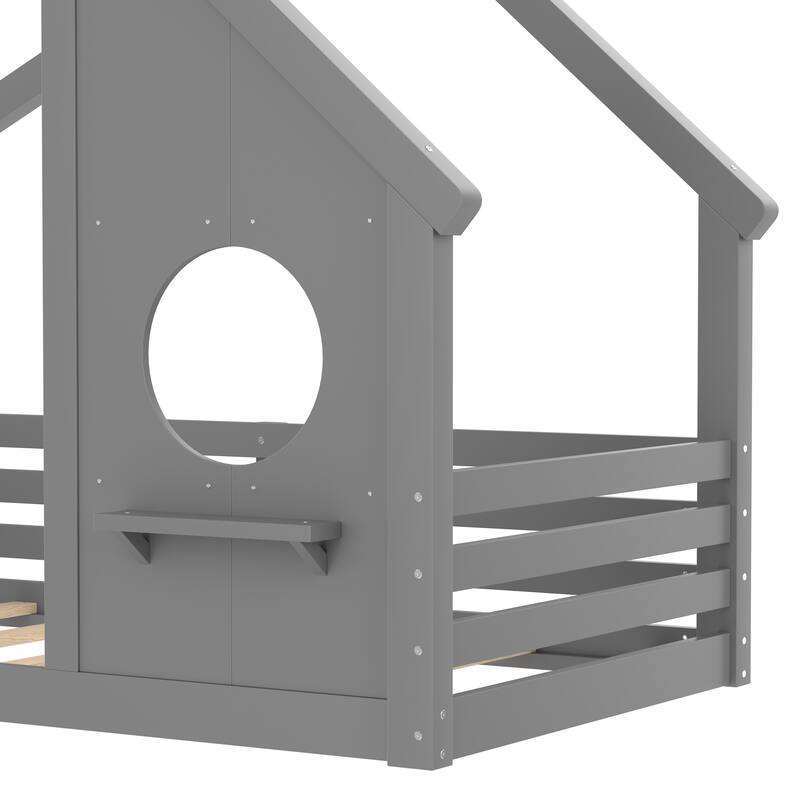 Full/Twin Size House Floor Bed with Window & Shelf, Solid Wood House-Shaped Design