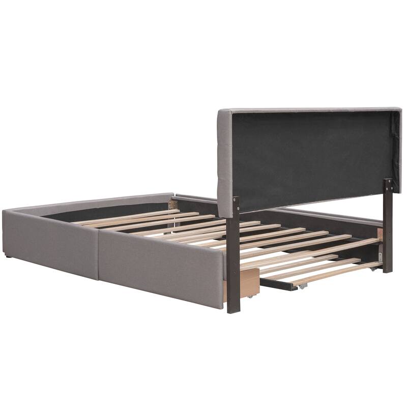 Queen Size Upholstered Platform Bed with 2 Drawers and Twin XL Trundle, Linen Fabric, Light Gray