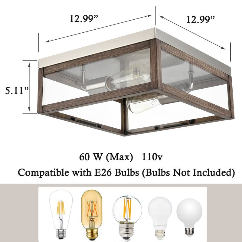 Halifax Rustic Farmhouse Flush Mount Ceiling Light Brush Nickel with Wood Grain Finish 2-Lights - Nickel & Wood Grain