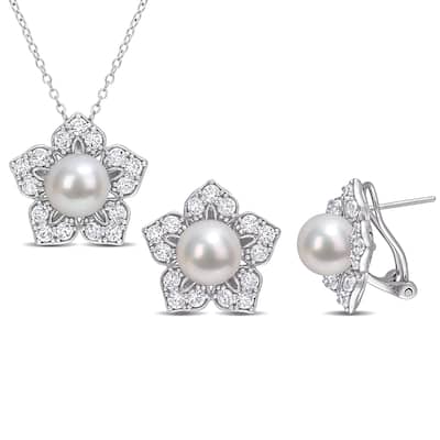 Miadora Cultured FW Pearl Created White Sapphire 2-piece Jewelry Set in Sterling Silver (8.5-9mm)