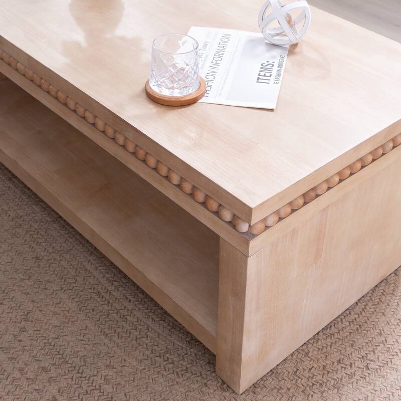Rectangular Wood Coffee Table with Beaded Trim and Open Storage Shelf