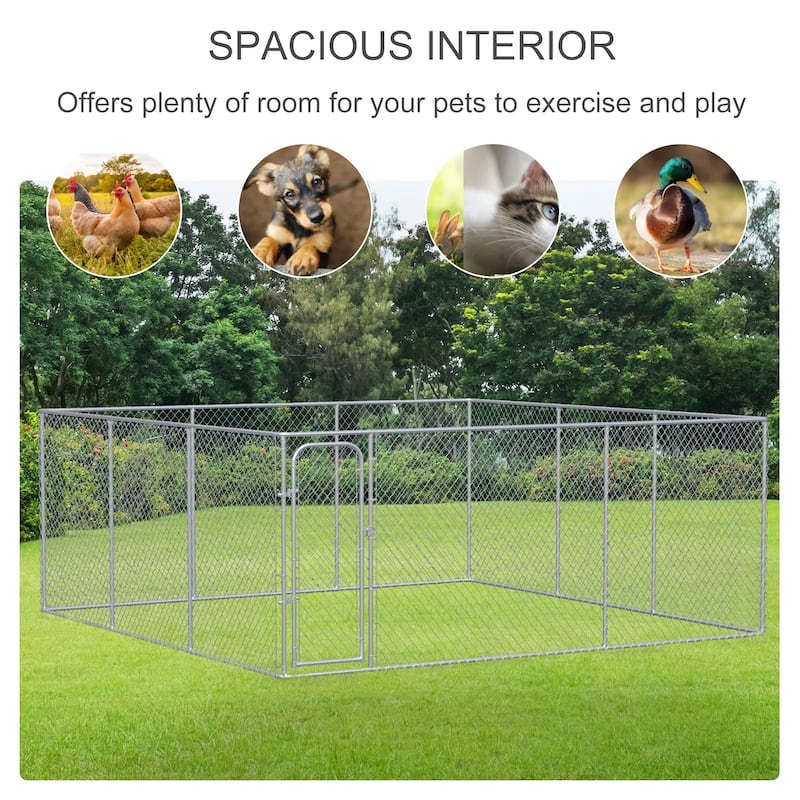 PawHut Outdoor Dog Kennel Galvanized Chain Link Fence Heavy Duty Pet Run House Chicken Coop with Secure Lock Mesh Sidewalls