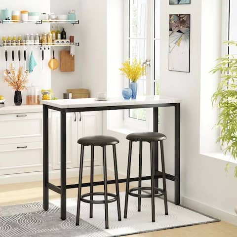 3 Piece Pub Dining Set, Modern Bar Table with 2 Upholstered Stools, Bistro Counter Height Faux Marble Top - N/A