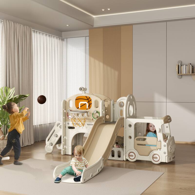 9 in 1 Toddler Slide, Indoor Slide for Kids Ages 1-6, Car Themed Baby Slide with Basketball Hoop, Climber, Storage Space