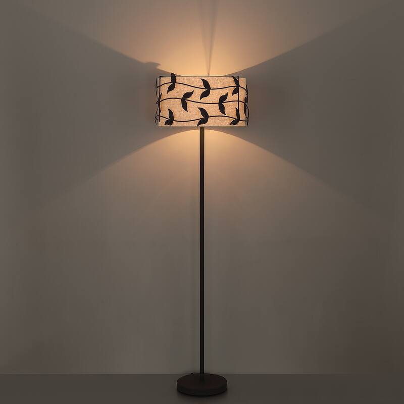 Acroma Black/Gold Leaf-Accent Fabric Shade Floor Lamp