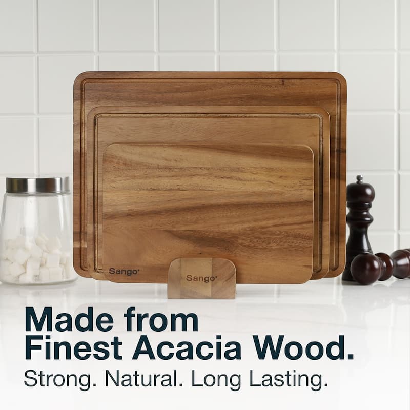 Sango Atelier Acacia Wood 3-Piece Cutting Board Set with Stand- Kitchen Chopping Boards for Meat, Vegetables & Charcuterie