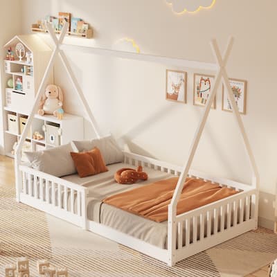 Twin Size Wood House Bed with Roof and Fence, Distressed Washed Finish, Kids Bed Frame for Boys & Girls, Easy Assembly
