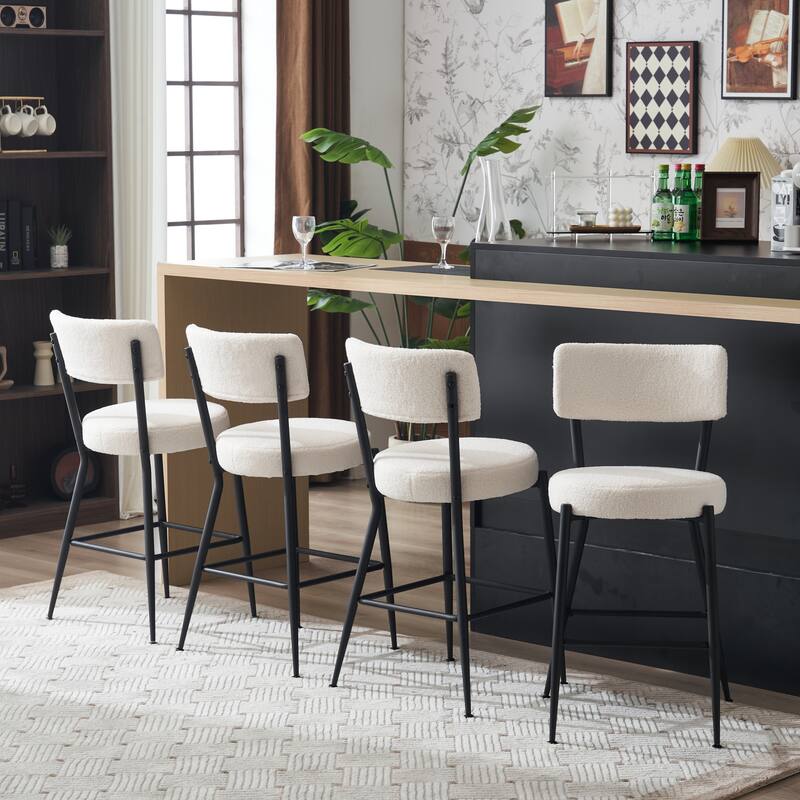 Set Of 4 Modern Teddy Fabric Upholstered Bar Stools - Metal Base High Stool - Suitable For Kitchen