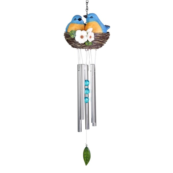 Exhart Nesting Blue Birds with Flowers Hand Painted Resin Hanging Wind Chime, 6 by 28 Inches