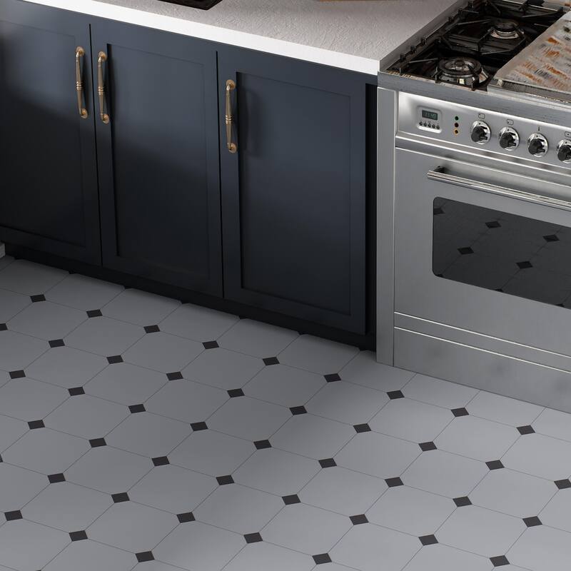 Merola Tile Vaudeville Octagon Humo with Taco Antracita 7-7/8" x 7-7/8" Porcelain Floor and Wall Tile - Case (50 Tiles)