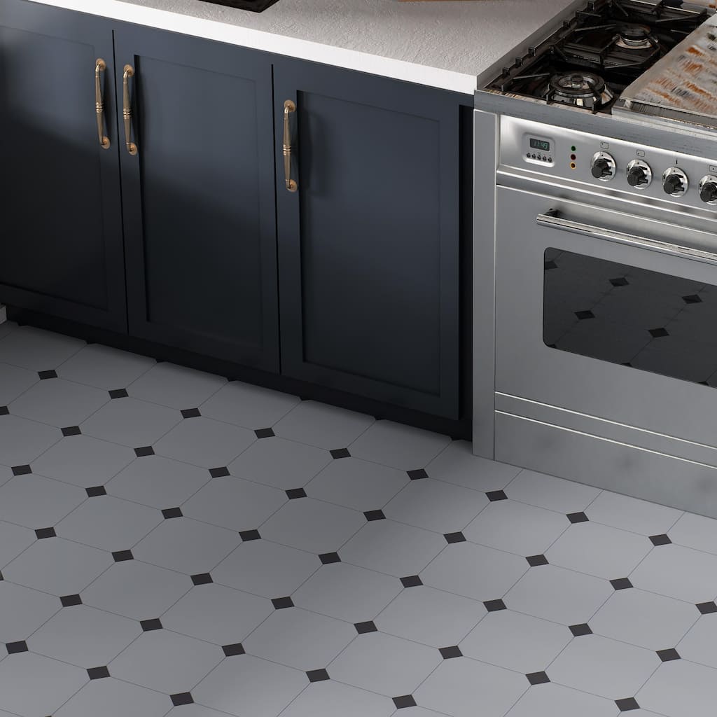 Merola Tile Vaudeville Octagon Humo with Taco Antracita 7-7/8" x 7-7/8" Porcelain Floor and Wall Tile