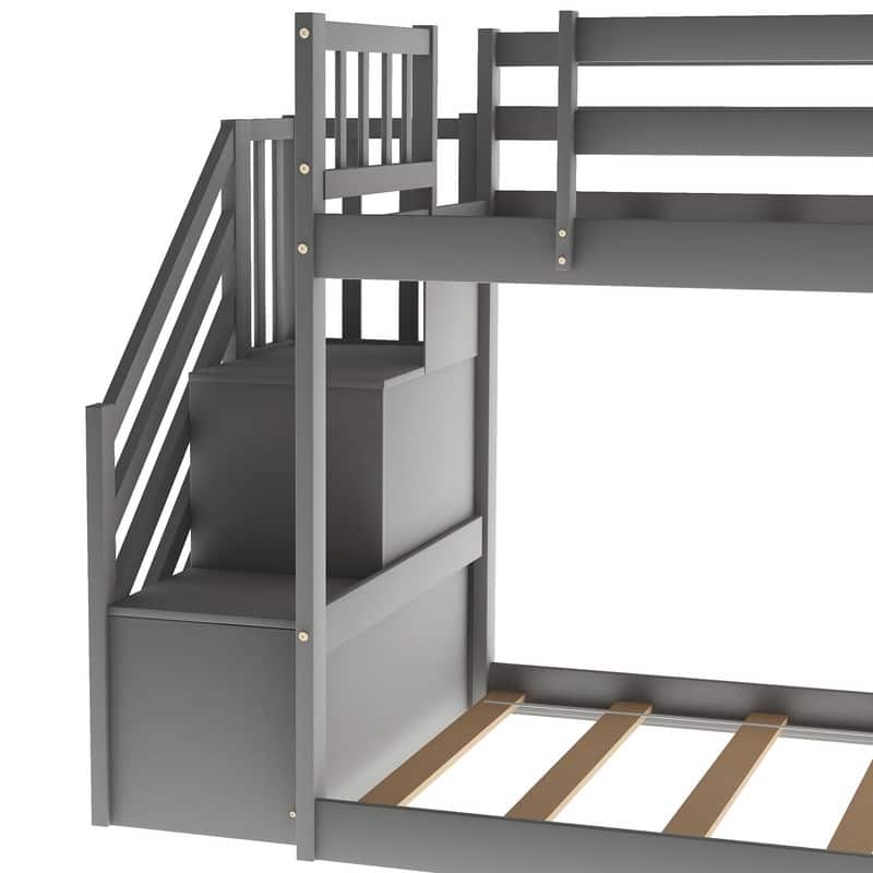 Twin Over Twin Floor Bunk Bed with Slide, Stairway with Storage
