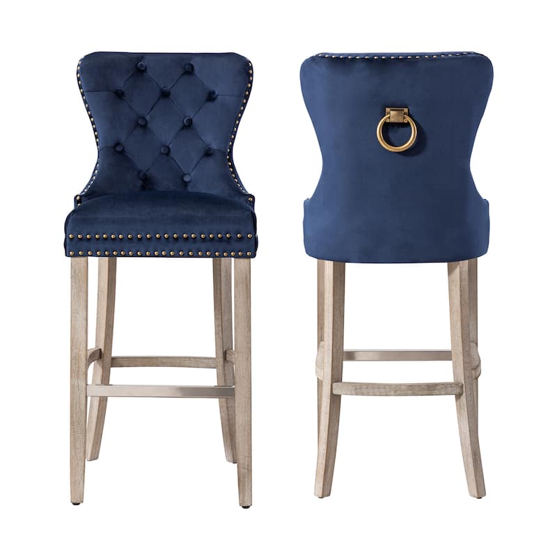 Carter 29" Wingback Tufted Nailhead Bar Stool (Set of 2), Antique Grey Legs