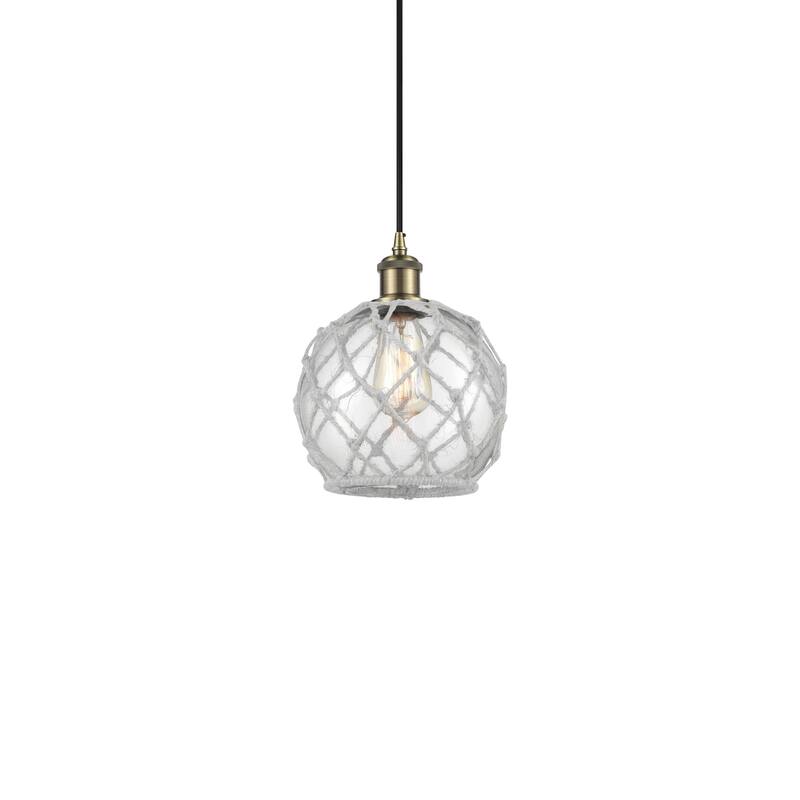 Innovations Lighting 516-1P-10-8 Farmhouse Rope Pendant Farmhouse Rope - Antique Brass / Clear Glass with White Rope