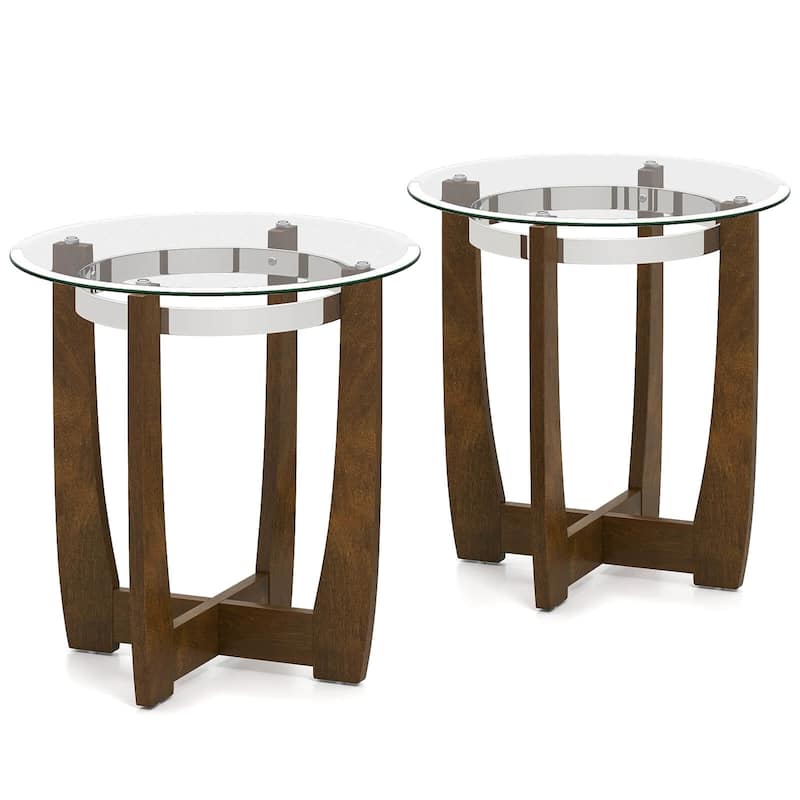 Costway 1/2 PCS 24" Round Side Table Glass End Table with Tempered - See Details - Walnut-2 PCS