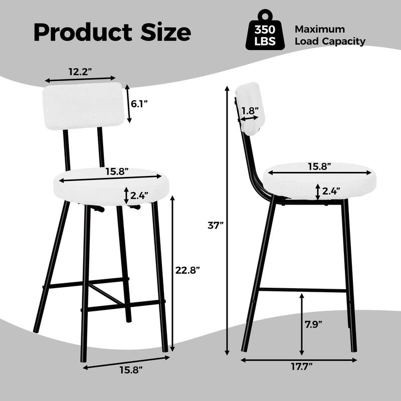 Boucle Upholstered Bar Stools Set of 2, Modern Counter Height Bar Chairs with High Back, Footrest and Metal Leg