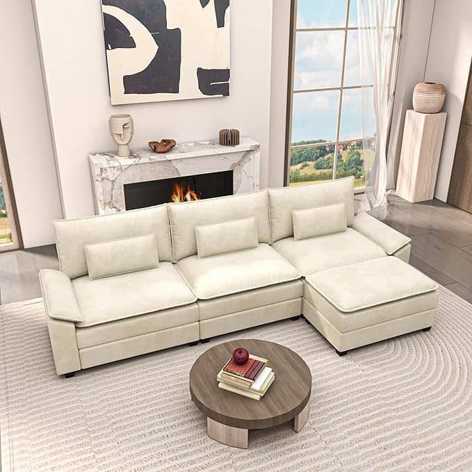 Kullavik Cloud Chenille L-Shaped Sofa, Modular Sectional Sofa with Ottoman, Throw Pillows and Double Layered Cushion