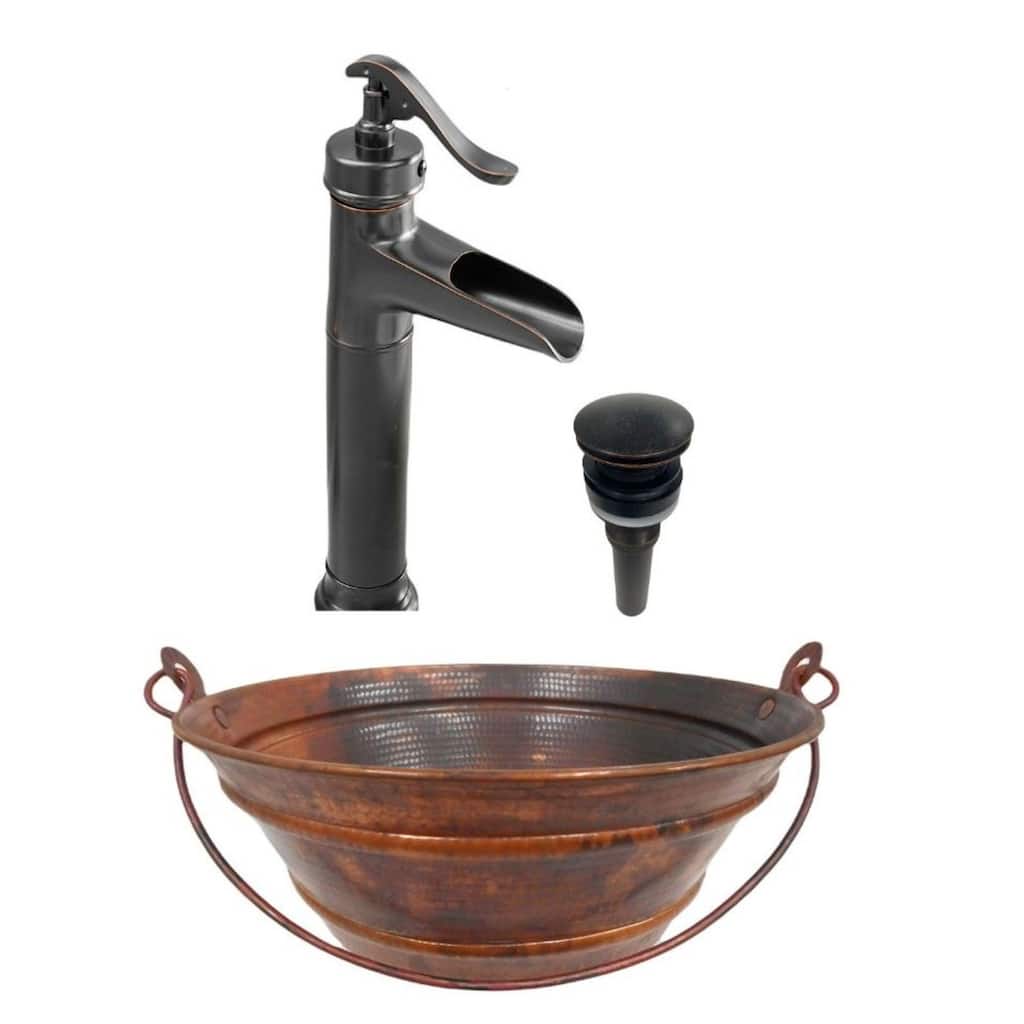 15" Natural Copper Vessel Bucket Bath Sink ORB Faucet & Drain Included - 15" x 15" x 6"