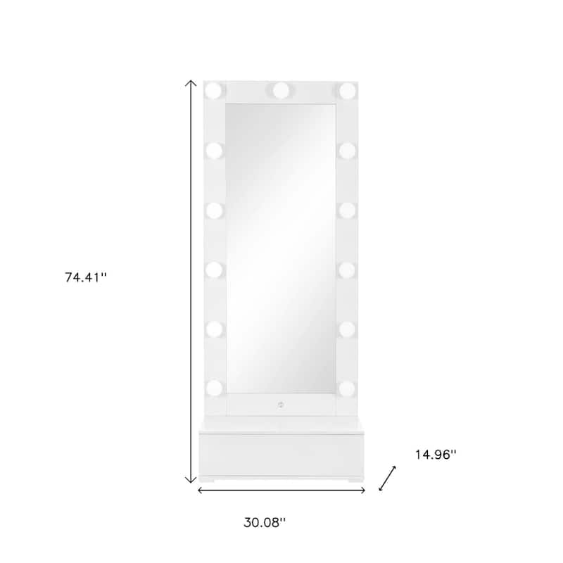HomeRoots 74" White Wood Lighted Freestanding Framed Full Length Mirror - 30.08 in. x 74.41 in. x 14.96 in.