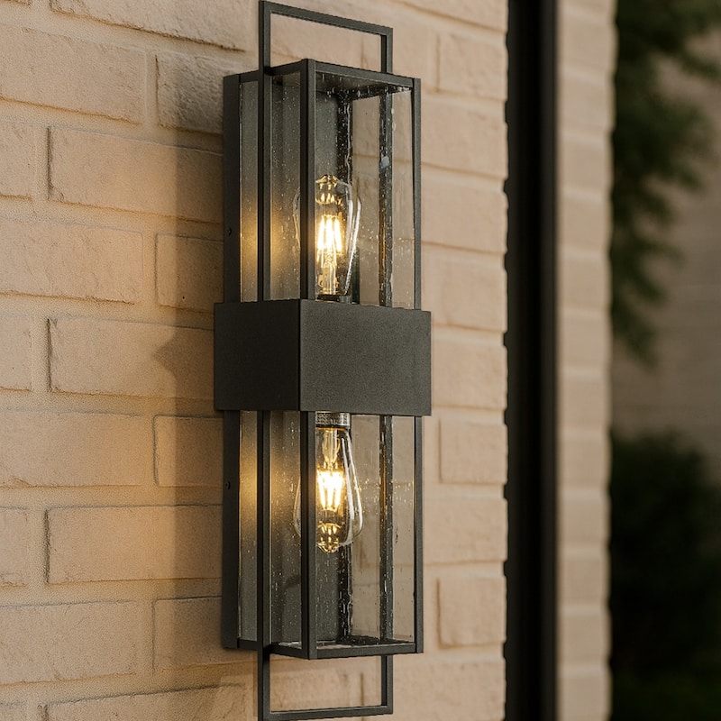 Modern Outdoor Wall Light with Dusk to Dawn Sensor with Seeded Glass 2-Light Waterproof Black Sconce for Porch Garage(2 Pack)