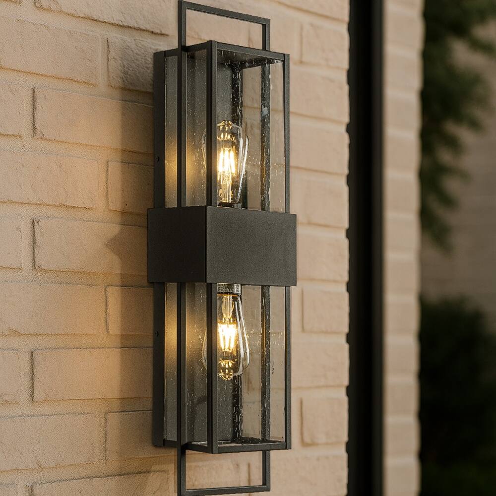 Modern Outdoor Wall Light with Dusk to Dawn Sensor with Seeded Glass 2-Light Waterproof Black Sconce for Porch Garage(2 Pack)