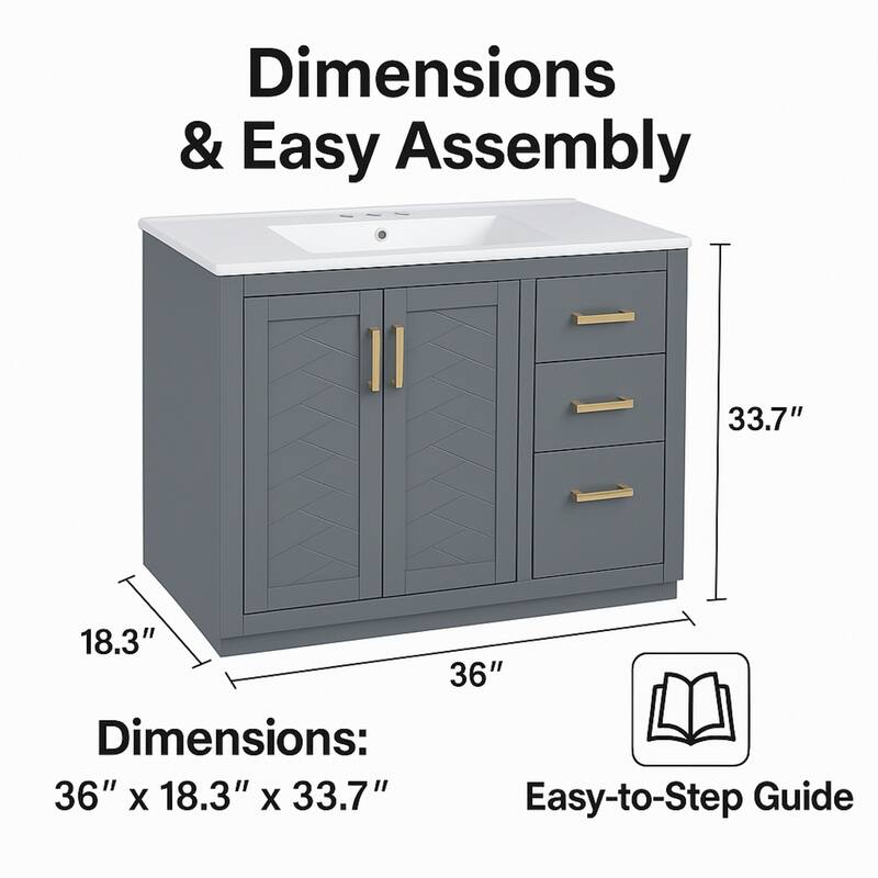 36'' Freestanding Bathroom Vanity with Sink, Solid Wood Frame, 3 Drawers