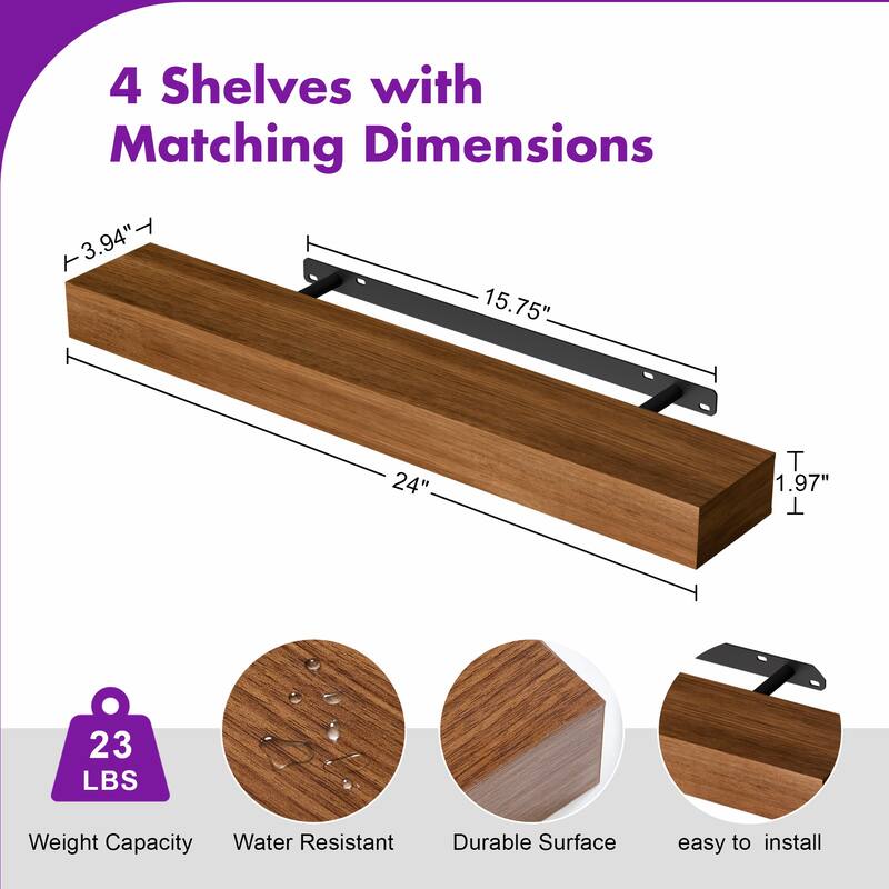 Set of 4 Wooden Floating Wall Shelves for Bathroom, Kitchen, Living Room
