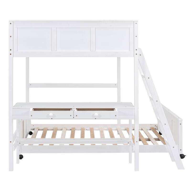 Space-Saving Twin Over Full Bunk Bed with Desk and Drawers - Solid Pine Construction, White/Grey