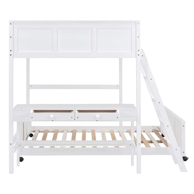 White Pine Wood Bunk Bed with Desk and Drawers, Movable Lower Bed, Full-Length Guardrail