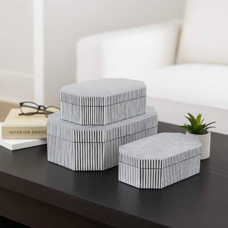 Resin Wood Decorative Box Striped Home Office (Set of 3) - 3/4" Black - 12" x 8" x 4"