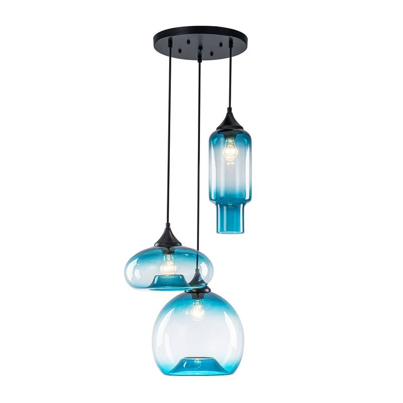 3-Light Modern Black Cluster Pendant Light Gradient Blue Glass Kitchen Island Lighting, Dining Room Ceiling Light