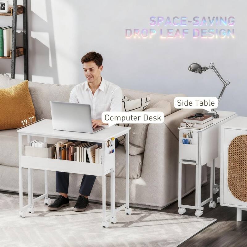 Folding Computer Desk,with Storage Bag, Shelf and Wheels for Small Spaces, Home Office