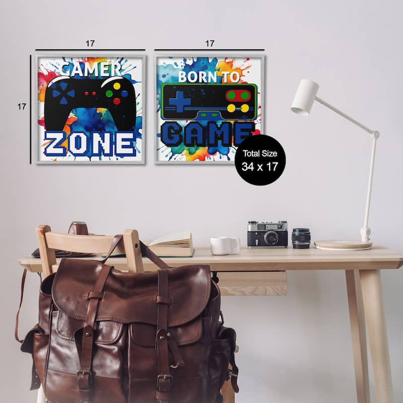 Stupell Gamer Zone on Splash Framed Giclee Art Design By Kim Allen (Set of 2)
