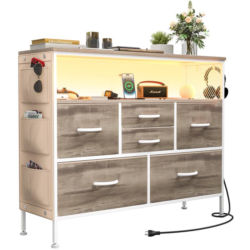 Dresser for Bedroom TV Stand with Power Outlets and LED Light, 6 Dresser with Shelves for 45" TV, PU Finish
