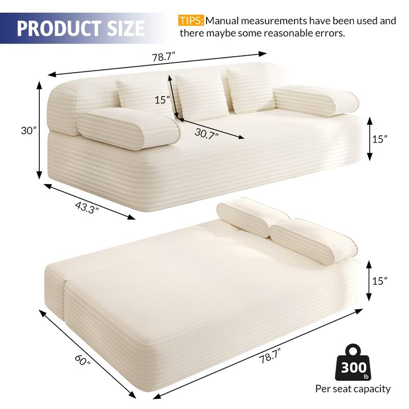 78.7-Inch Convertible Sofa Bed, 2-in-1 Frameless 3-Seater Couch with Plush Corduroy Fabric for Small Spaces