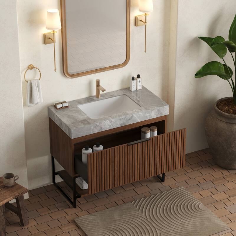 GDFStudio - Yolan 36" Freestanding Bathroom Vanity with Striped Drawer, Open Shelf & Undermount Ceramic Basin, WITHOUT Faucet