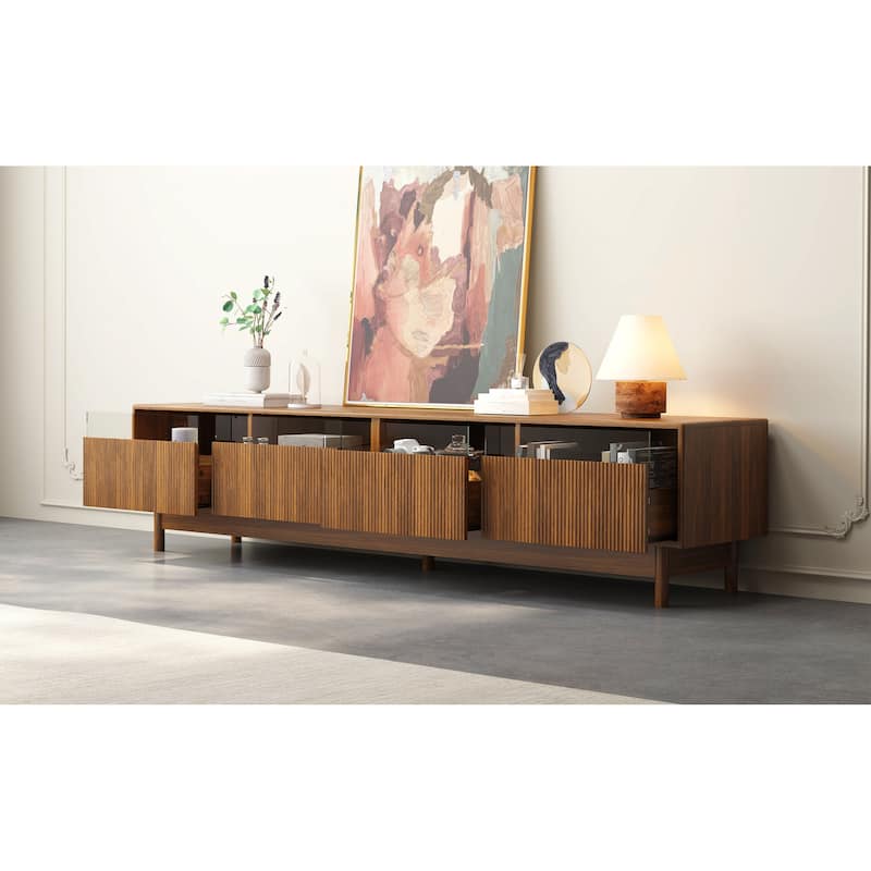 TV Stand for TVs up to 85", Mid Century Modern Entertainment Center with Glass Drawers, Wood TV Console Table